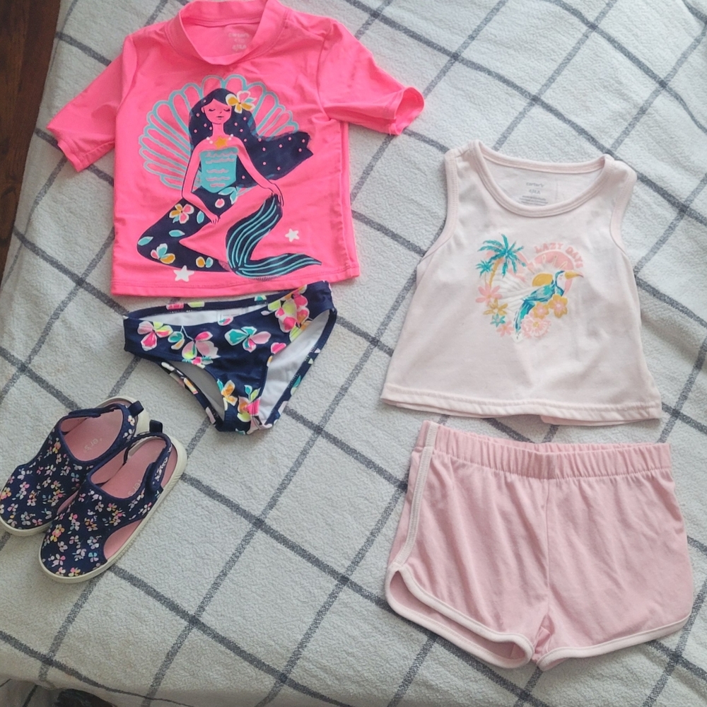 Girls' Pink and Navy Swim Set (4T) with Floral Water Shoes Plus More